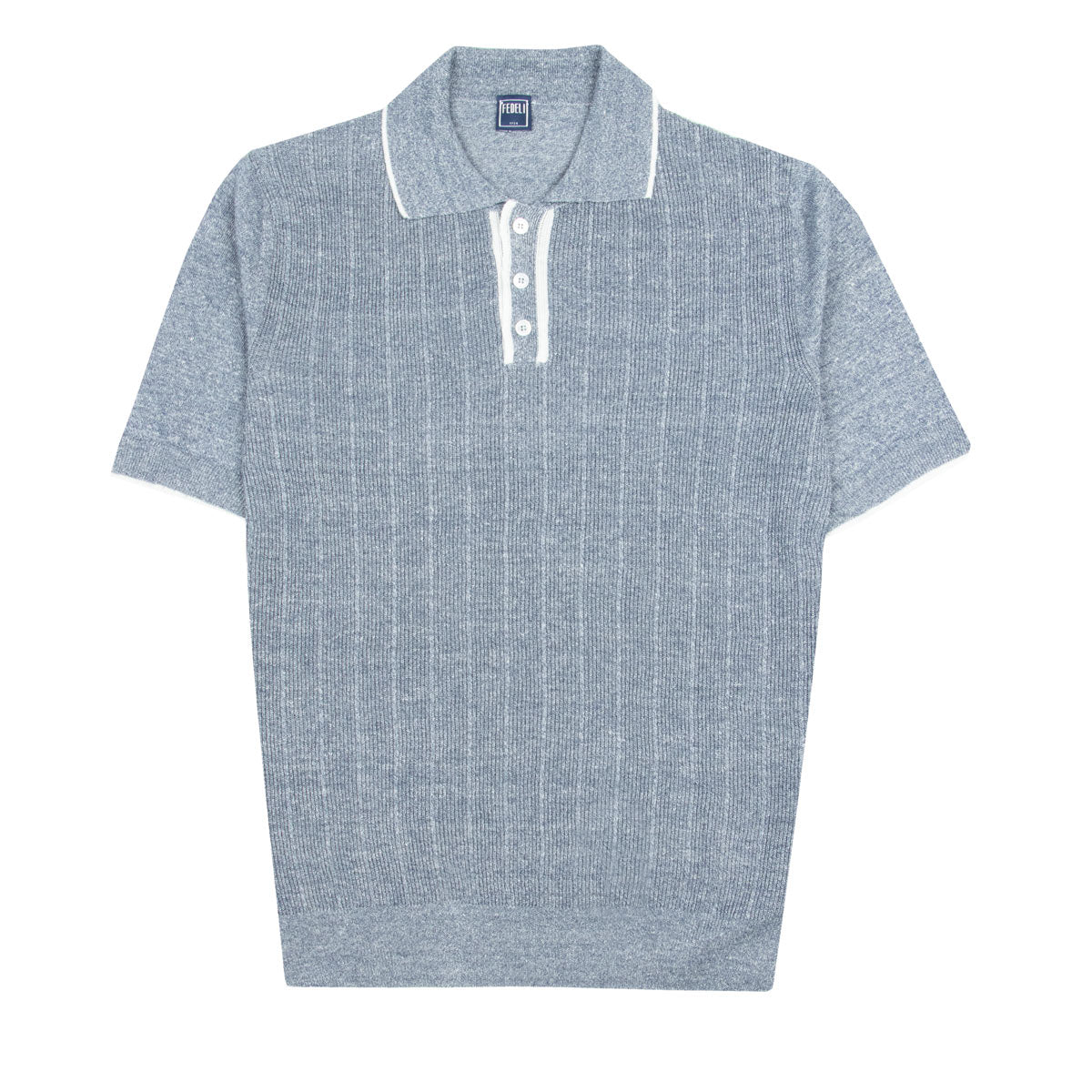 Fedeli - Denim Blue Dodo Cotton and Linen Ribbed Polo S/S POLOS FEDELI