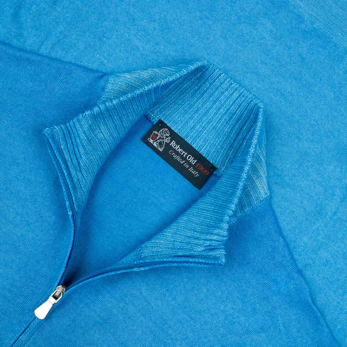 Robert Old - Bright Blue 100% Virgin Wool Long Sleeve Zip Neck Sweater KNITWEAR Robert Old