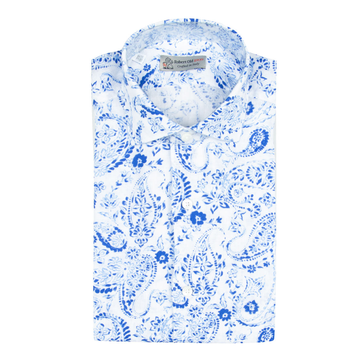 Robert Old - White & Blue Hand-Painted Floral Long Sleeve Linen Shirt L/S SHIRTS Robert Old