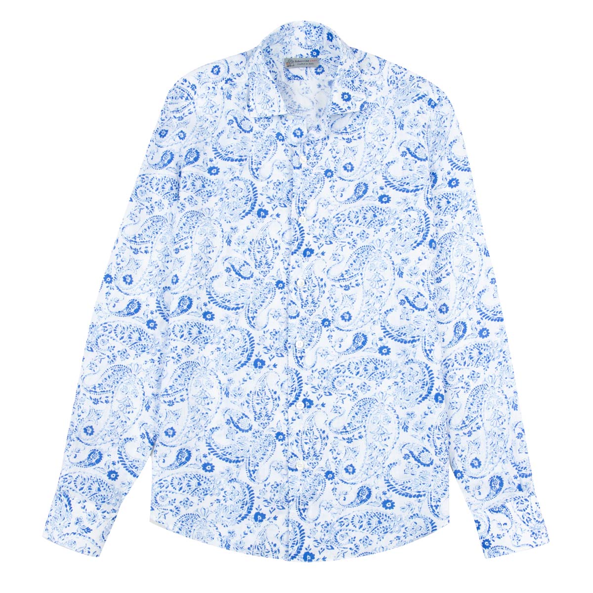 Robert Old - White & Blue Hand-Painted Floral Long Sleeve Linen Shirt L/S SHIRTS Robert Old