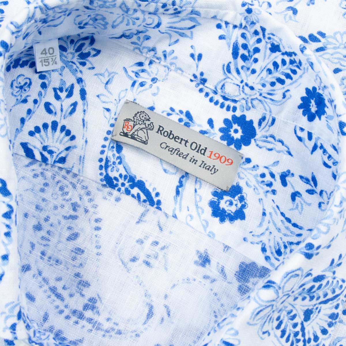 Robert Old - White &amp; Blue Hand-Painted Floral Long Sleeve Linen Shirt L/S SHIRTS Robert Old