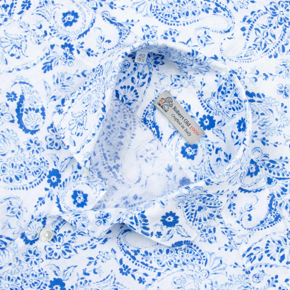 Robert Old - White &amp; Blue Hand-Painted Floral Long Sleeve Linen Shirt L/S SHIRTS Robert Old