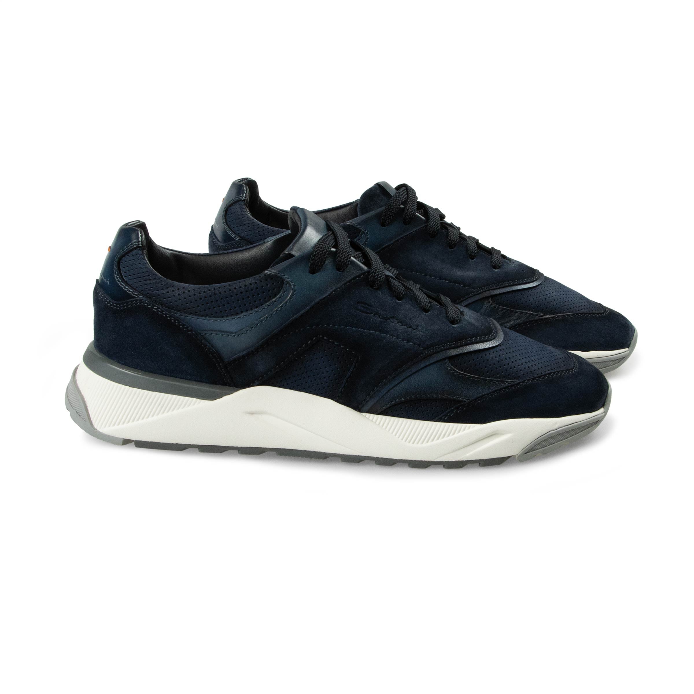Santoni - Navy Suede Leather Sneakers SHOES Santoni