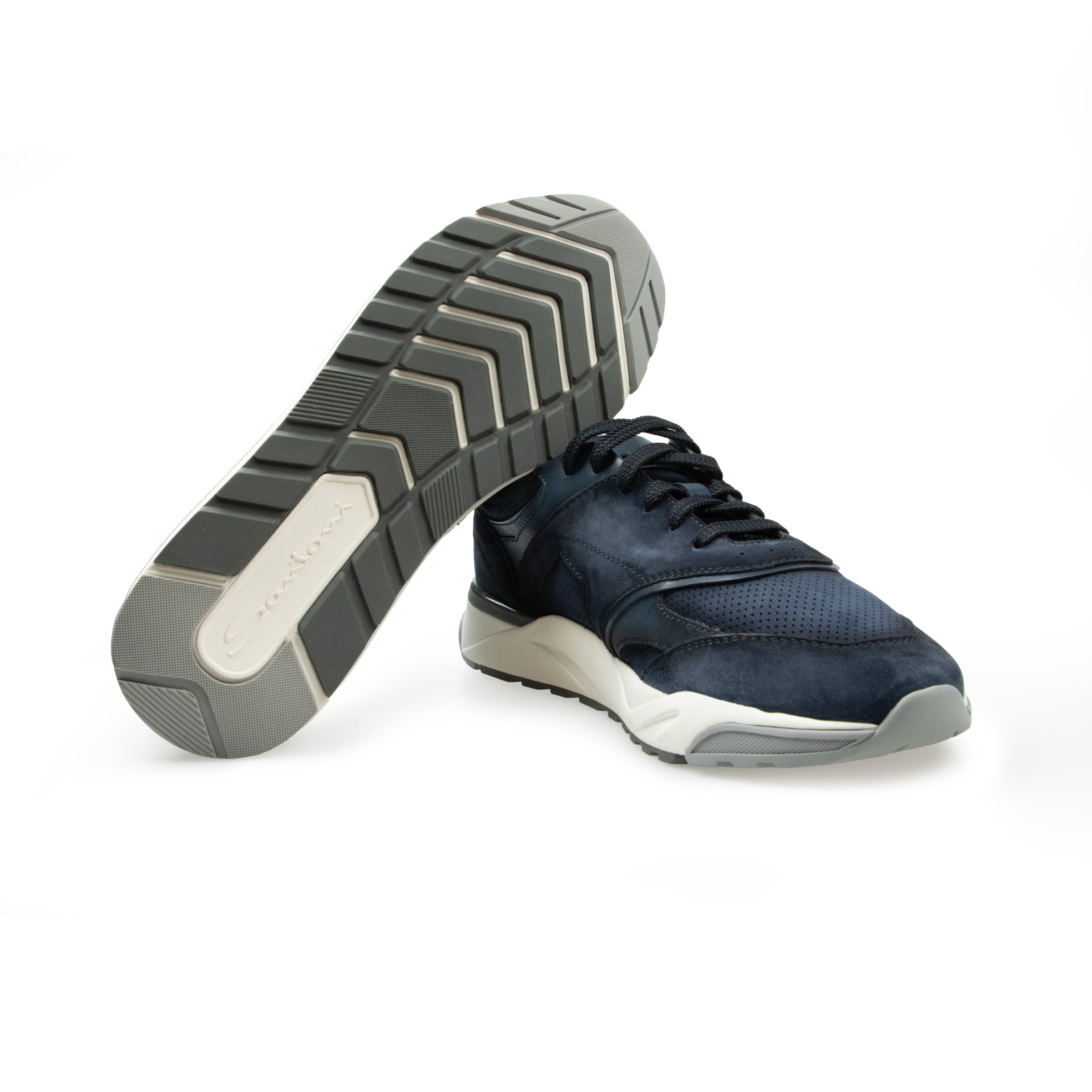 Santoni - Navy Suede Leather Sneakers SHOES Santoni