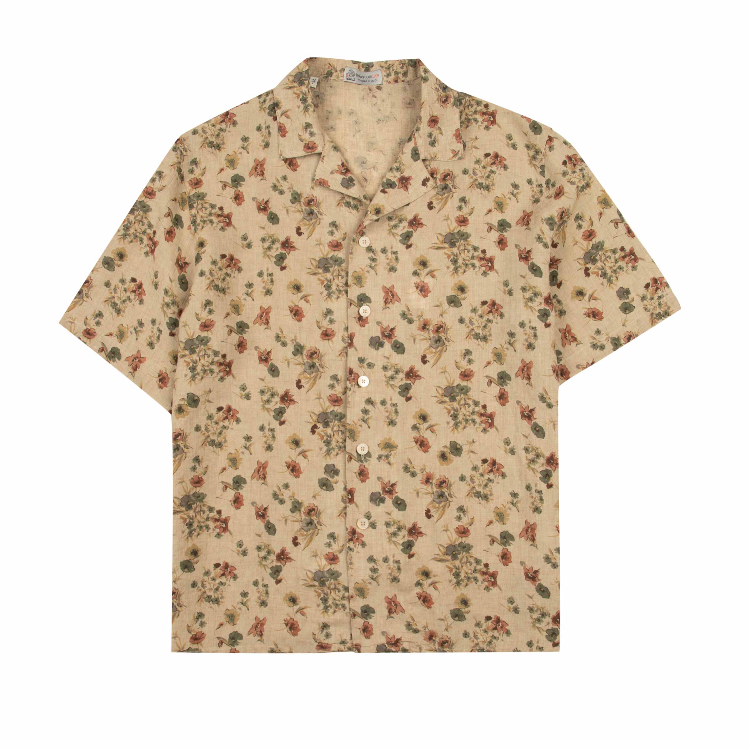 Beige Floral Print 100% Linen Resort Shirt S/S SHIRTS Robert Old