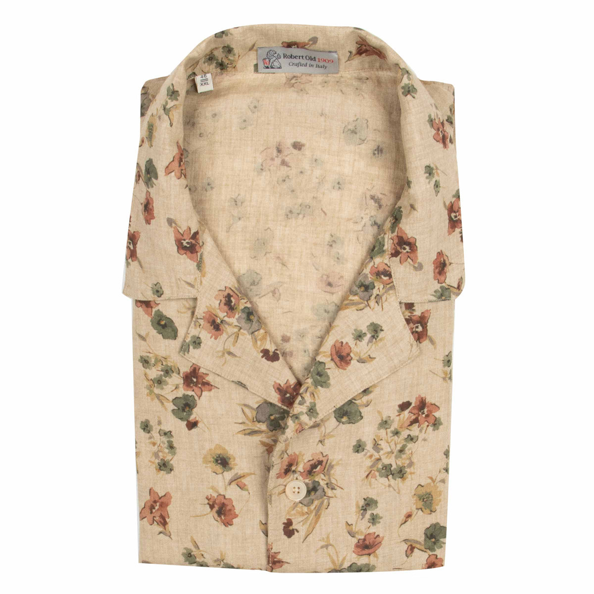 Beige Floral Print 100% Linen Resort Shirt S/S SHIRTS Robert Old