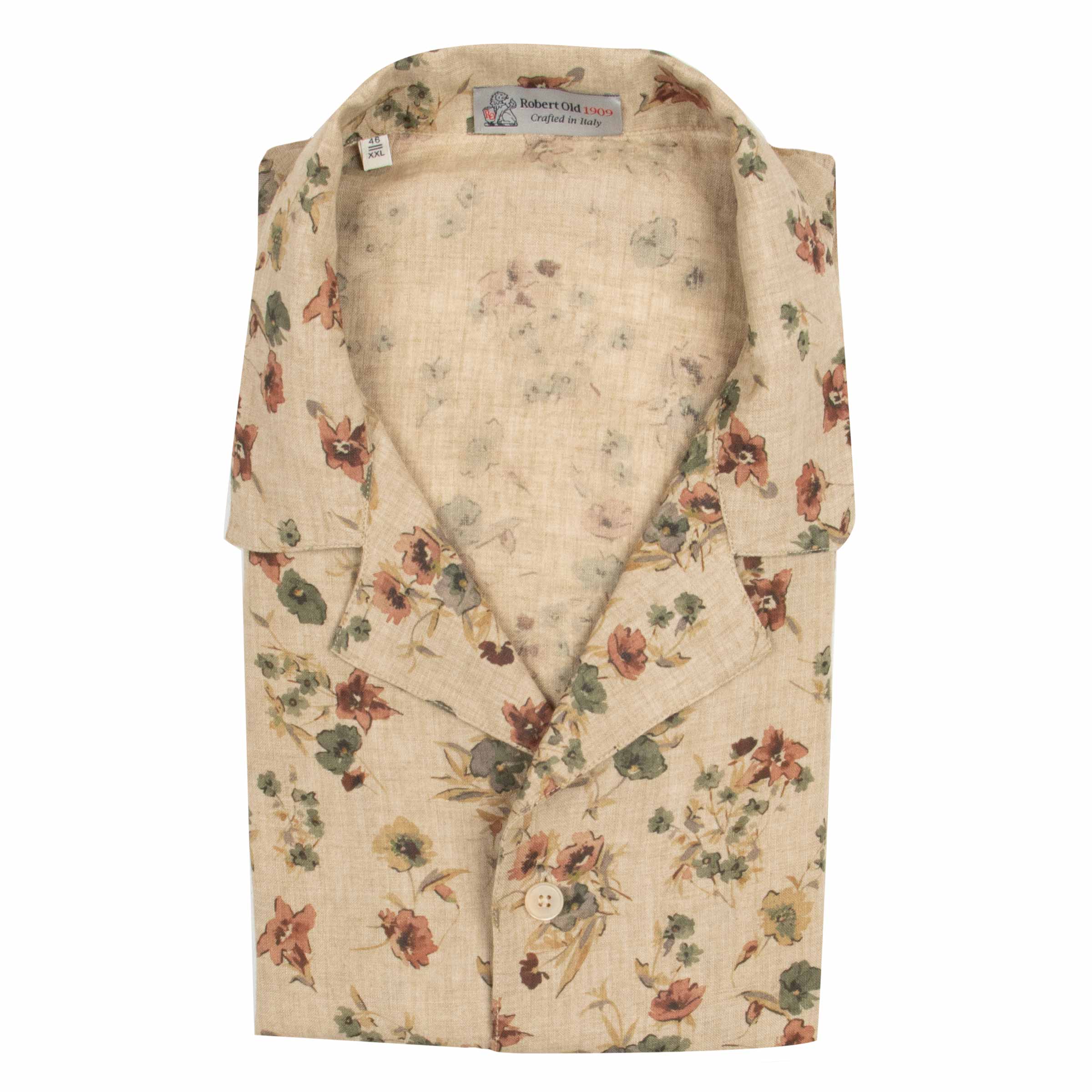 Beige Floral Print 100% Linen Resort Shirt S/S SHIRTS Robert Old