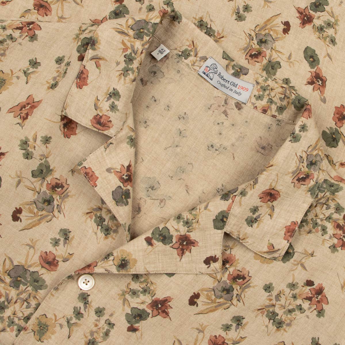 Beige Floral Print 100% Linen Resort Shirt S/S SHIRTS Robert Old