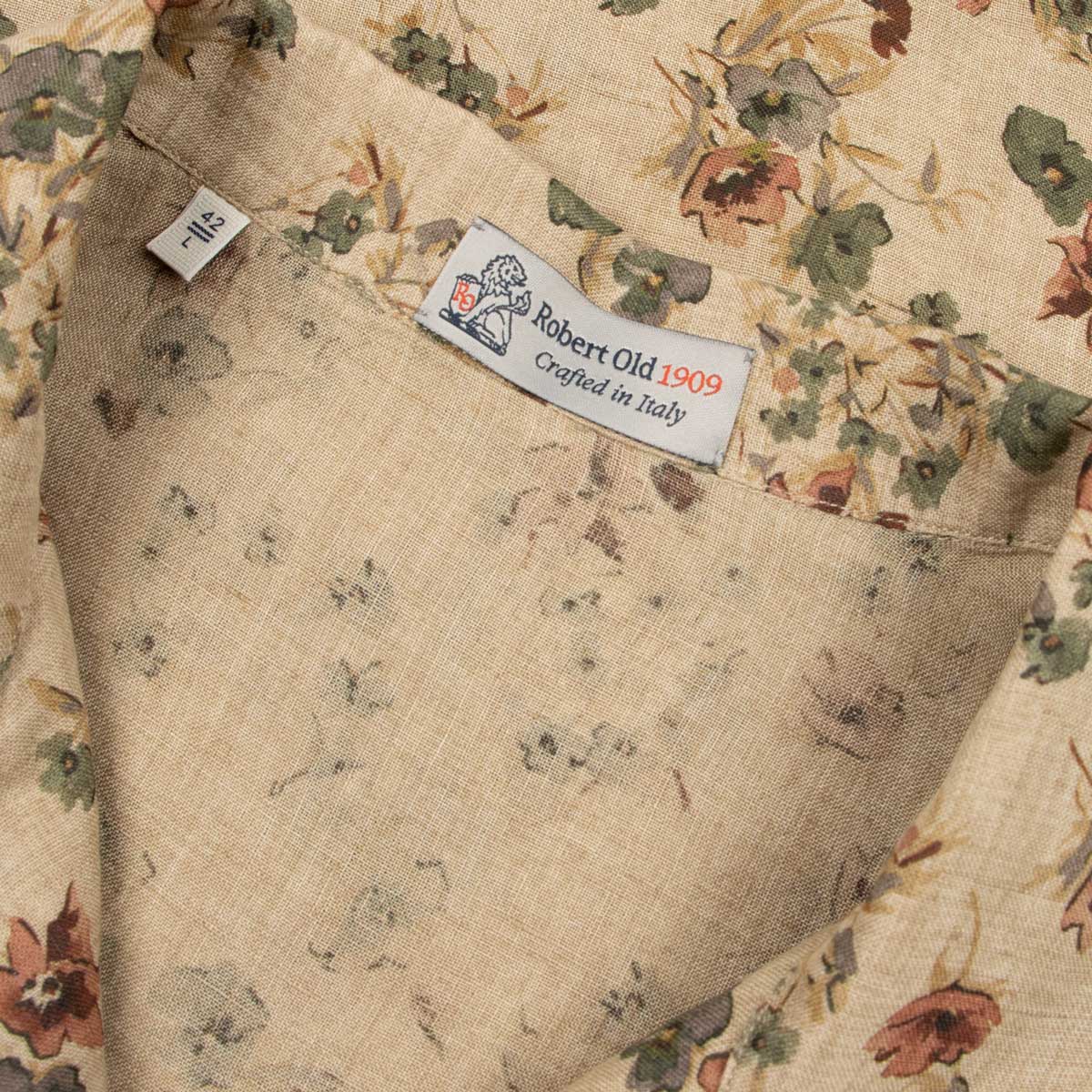 Beige Floral Print 100% Linen Resort Shirt S/S SHIRTS Robert Old