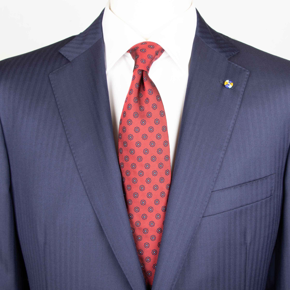 Belvest - Navy Blue Herringbone 'CEO' Handcrafted Pure Wool Suit