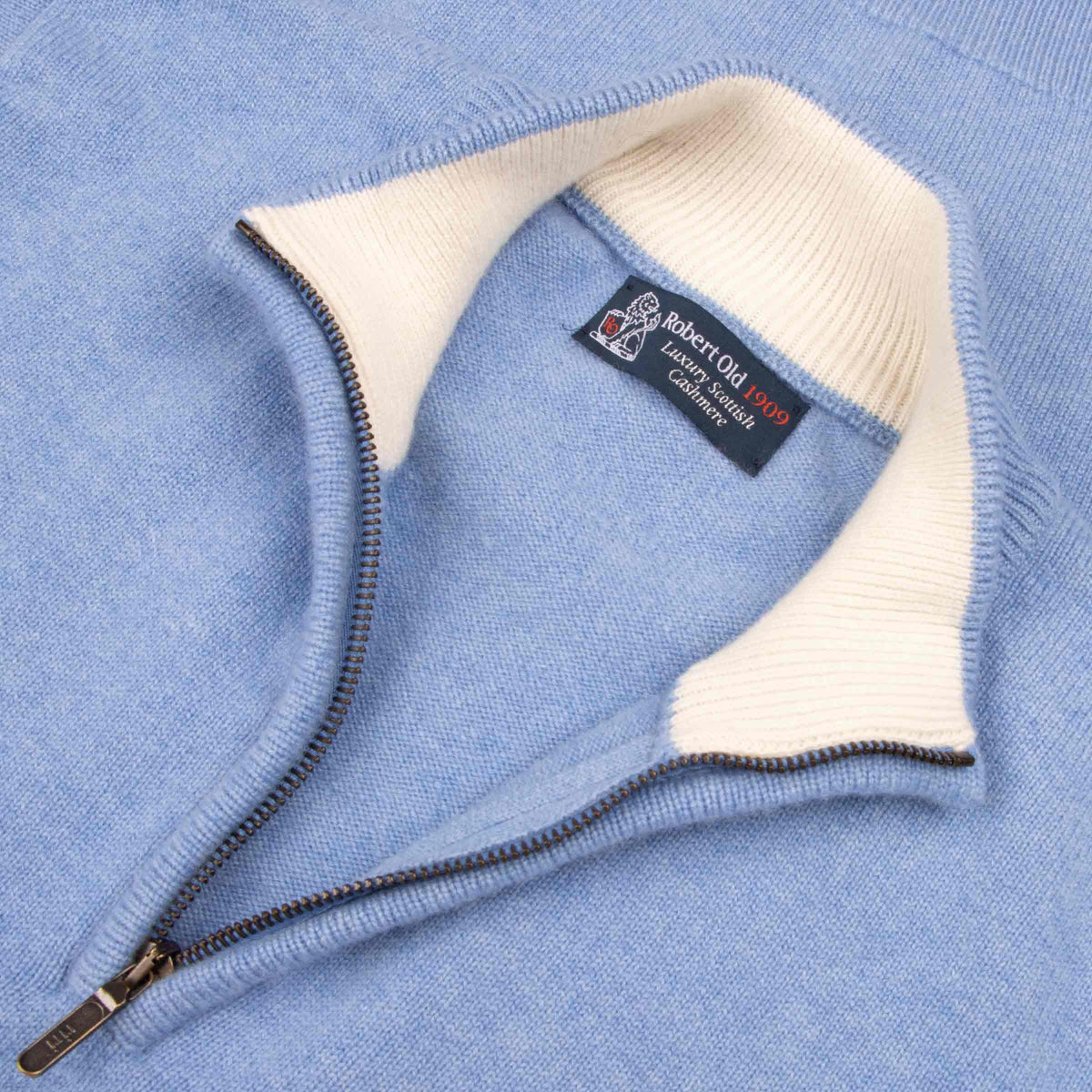 The Bowmore 1/4 Zip Neck Cashmere Sweater - Lapis Suez / White Undyed CASHMERE Robert Old