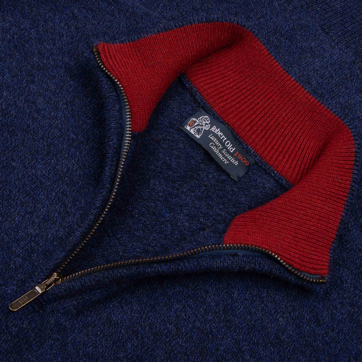 The Bowmore 1/4 Zip Neck Cashmere Sweater - Navy Marl / Russet CASHMERE Robert Old