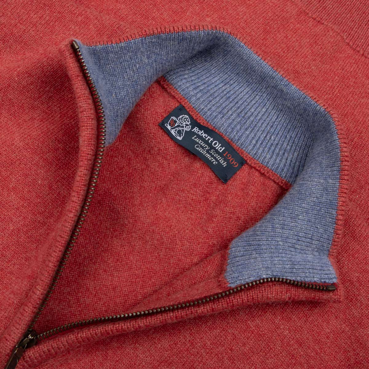 Robert Old - The Bowmore 1/4 Zip Neck Cashmere Sweater - Poppy / Lapis CASHMERE Robert Old