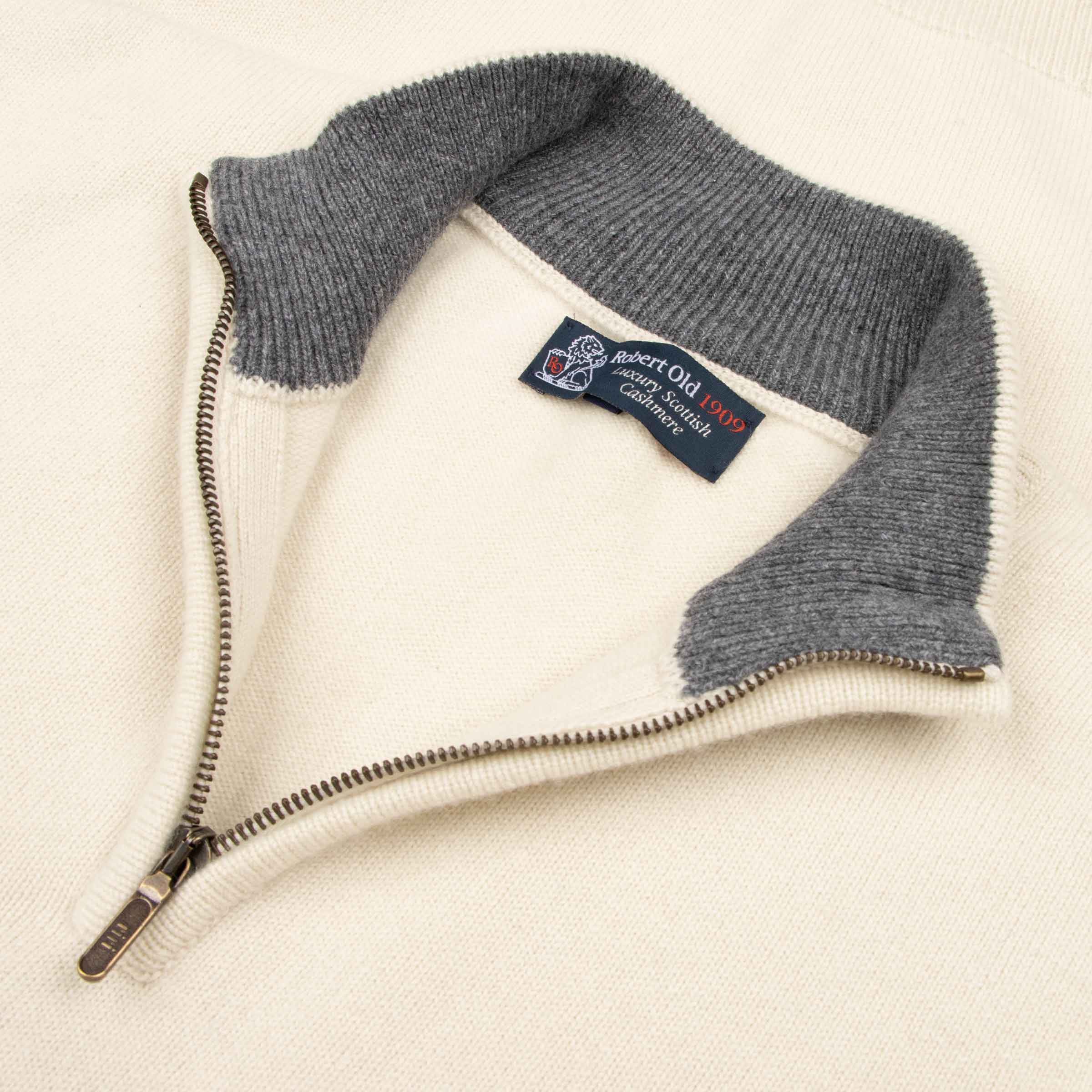 Robert Old - The Bowmore 1/4 Zip Neck Cashmere Sweater - White Undyed / Smog CASHMERE Robert Old