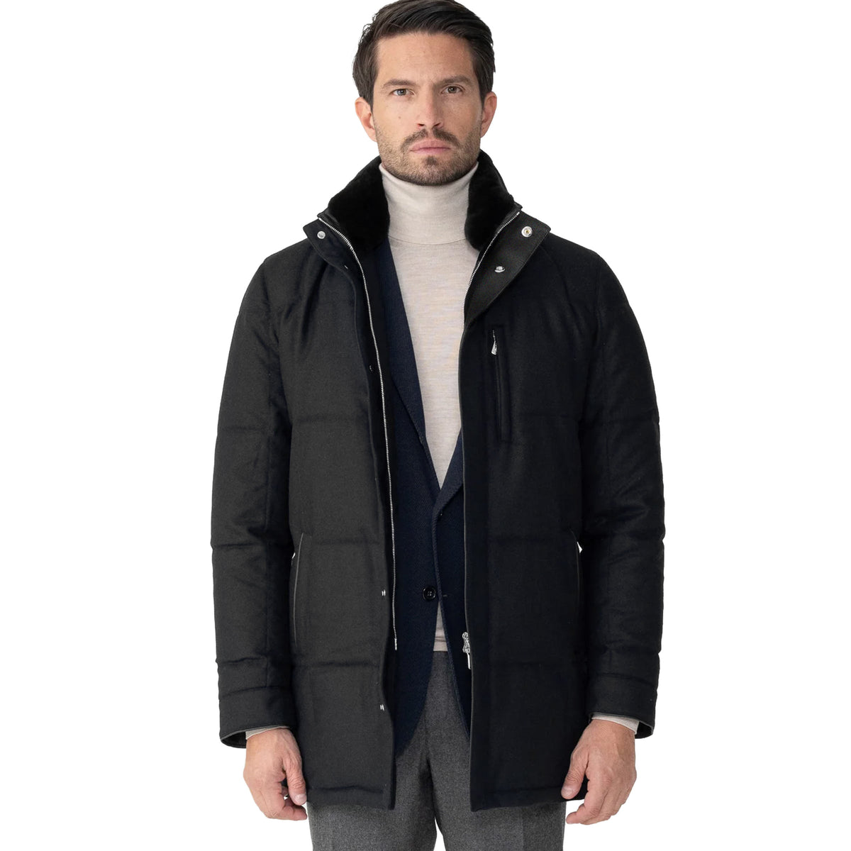 Black Italian Rain System Cashmere and Wool Padded Coat BLOUSONS Mandelli