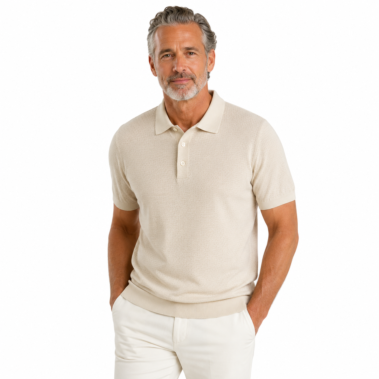 Robert Old - Natural Beige Cotton Knit Short Sleeve Polo Shirt S/S POLOS Robert Old