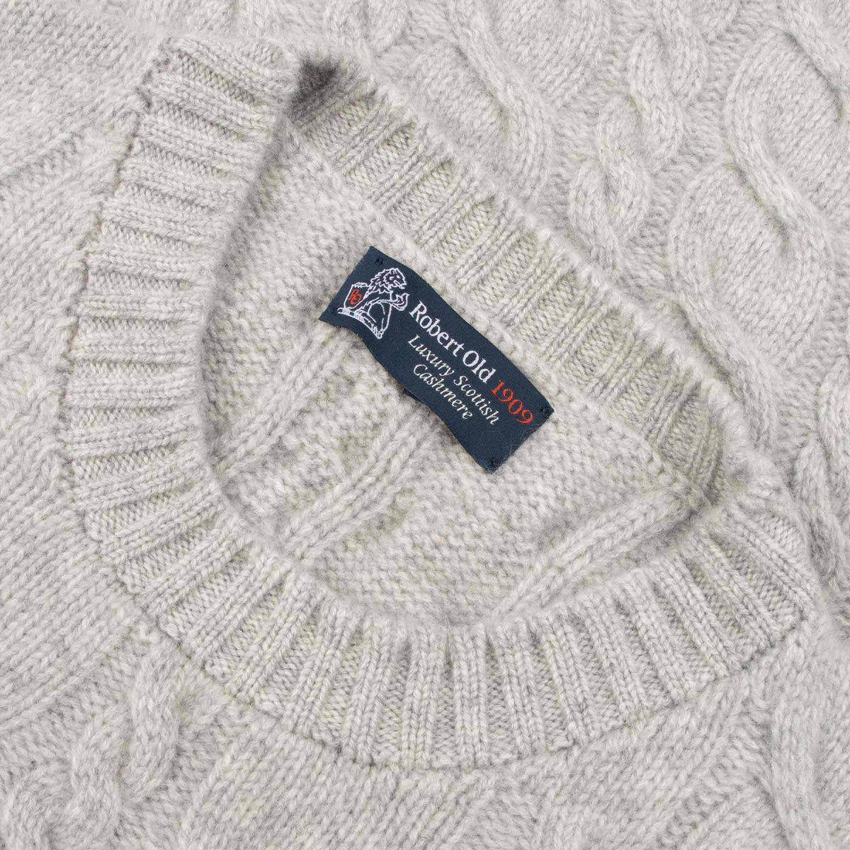 Brume Grey Dalmore 8ply Cashmere Cable Crew Neck CASHMERE Robert Old