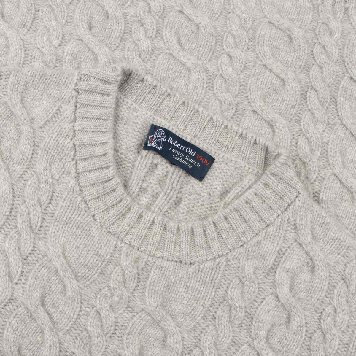 Brume Grey Dalmore 8ply Cashmere Cable Crew Neck CASHMERE Robert Old