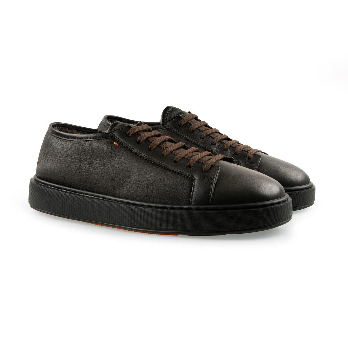 Santoni - Dark Brown Tumbled Leather Fur-lined Sneaker SHOES Santoni