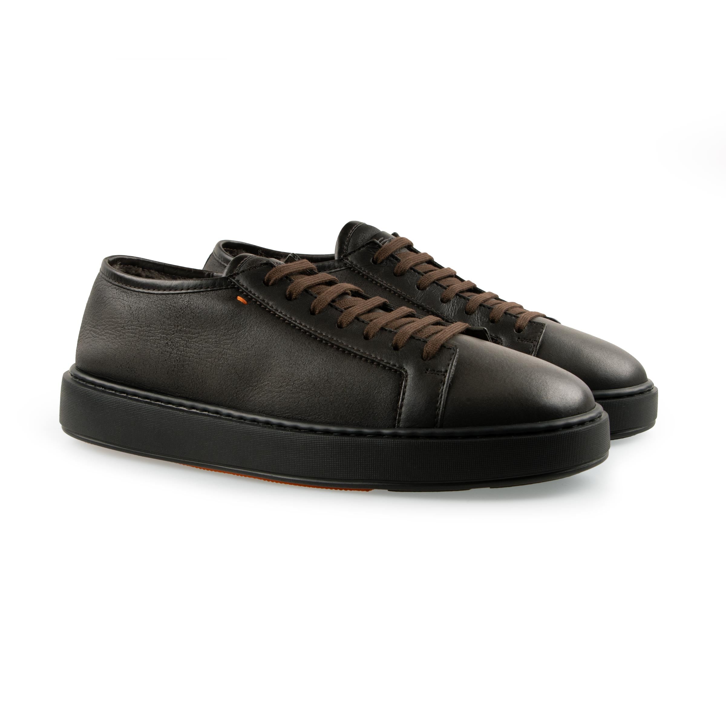 Santoni - Dark Brown Tumbled Leather Fur-lined Sneaker SHOES Santoni