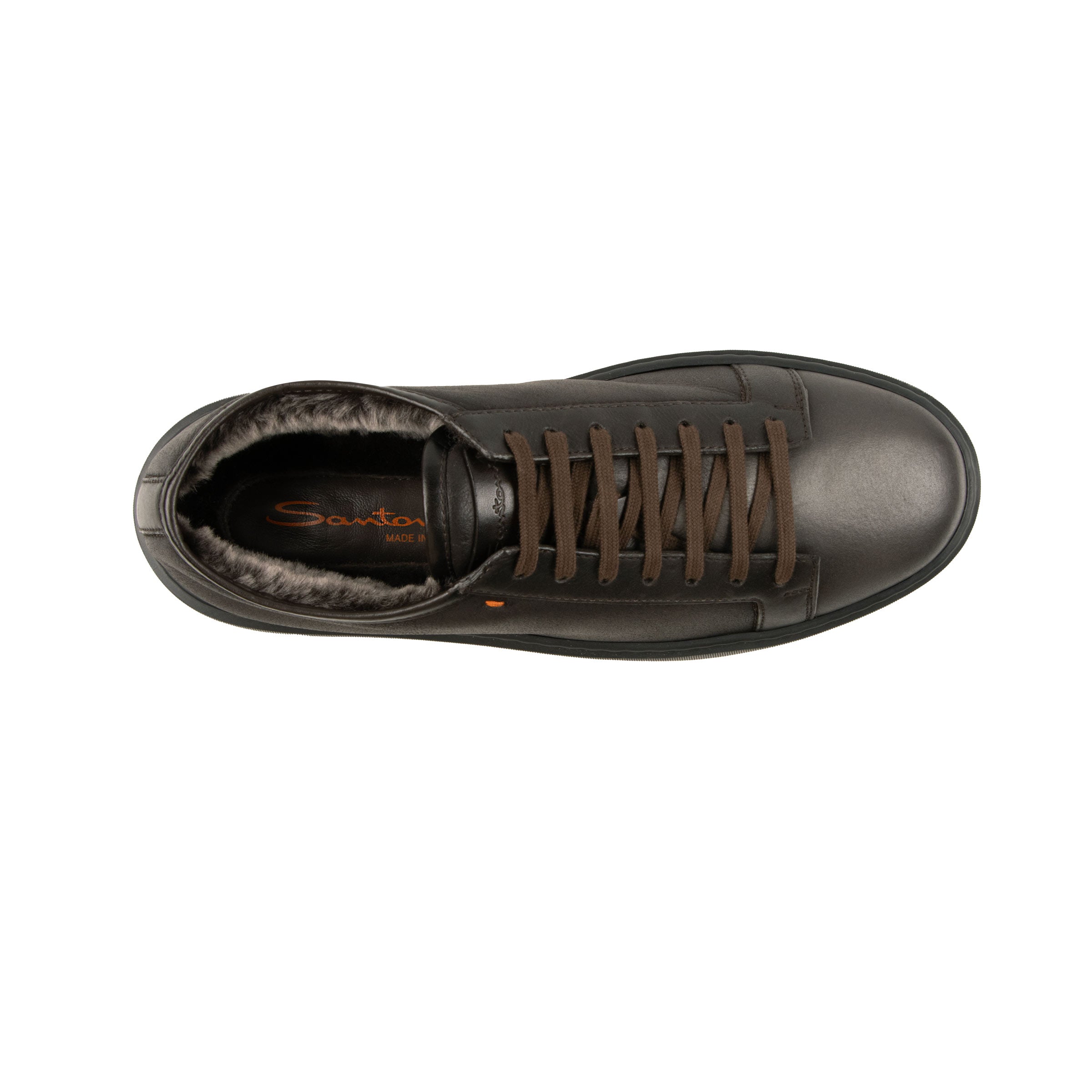 Santoni - Dark Brown Tumbled Leather Fur-lined Sneaker SHOES Santoni