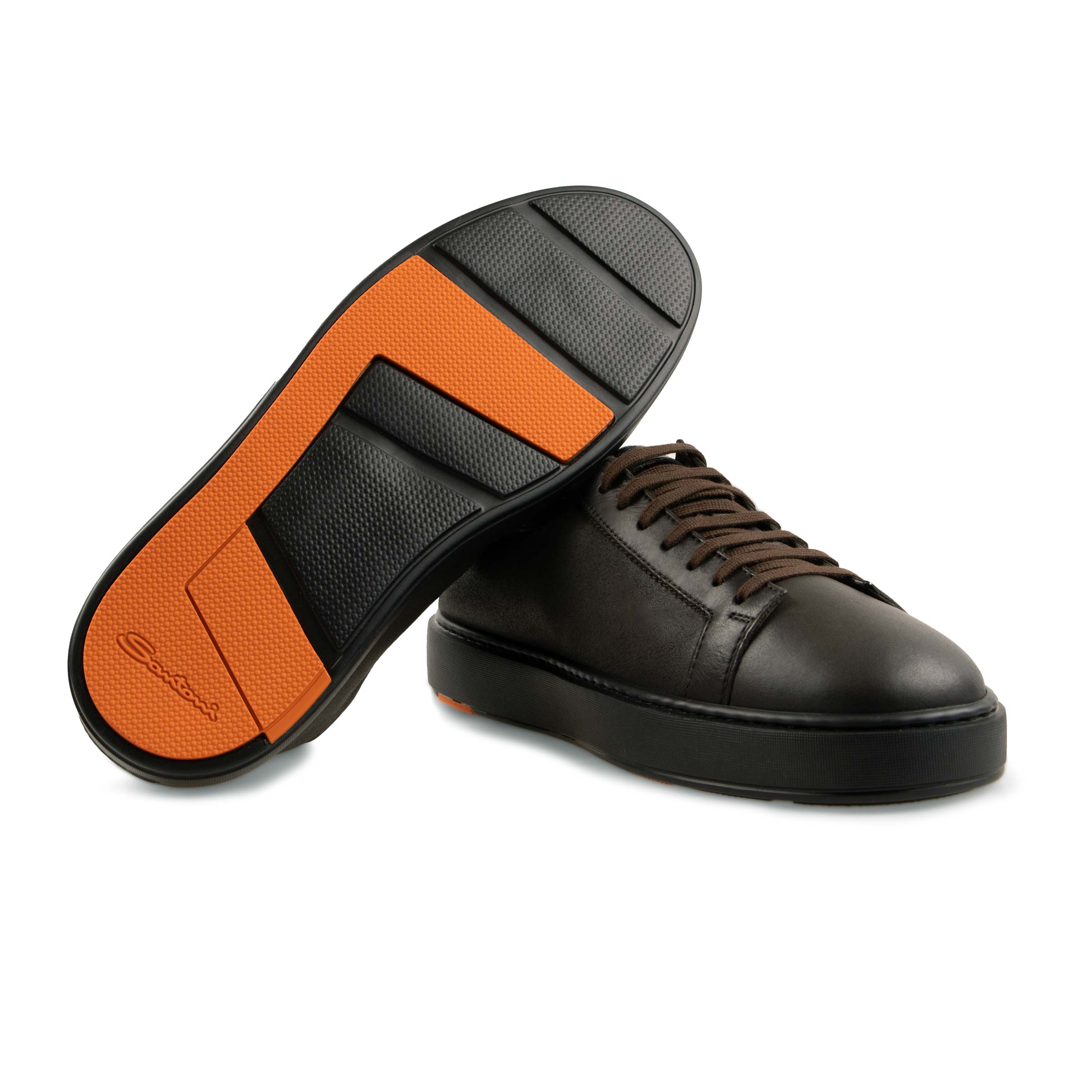 Santoni - Dark Brown Tumbled Leather Fur-lined Sneaker SHOES Santoni