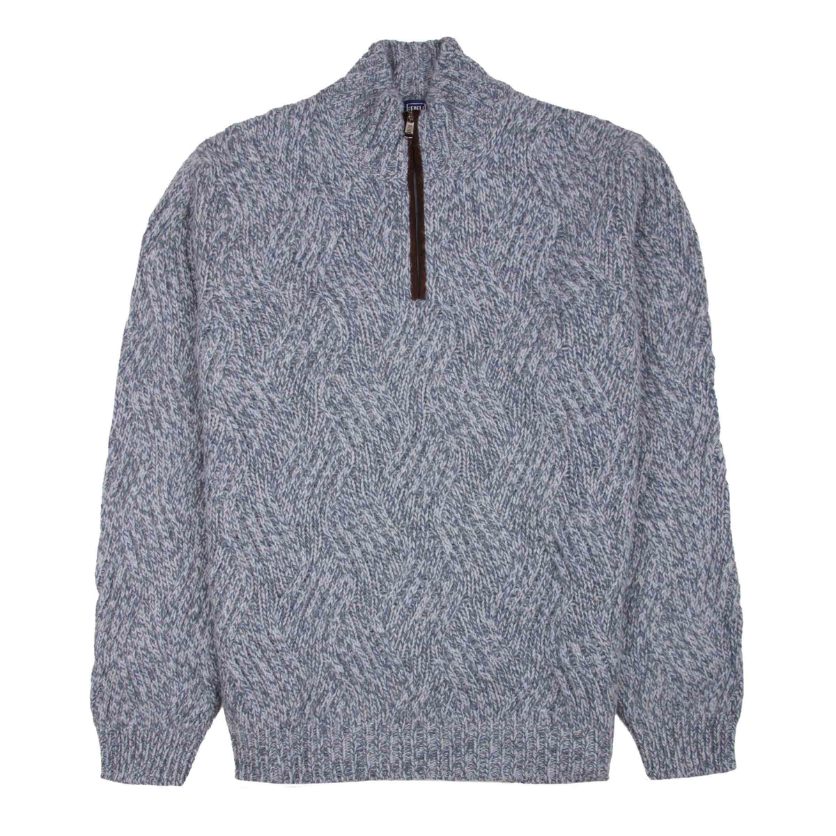 Fedeli - Blue Melange 'Ande' Cable Knit Alpaca Wool Zip Neck Sweater KNITWEAR Fedeli
