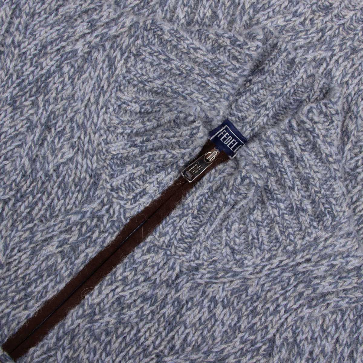 Fedeli - Blue Melange 'Ande' Cable Knit Alpaca Wool Zip Neck Sweater