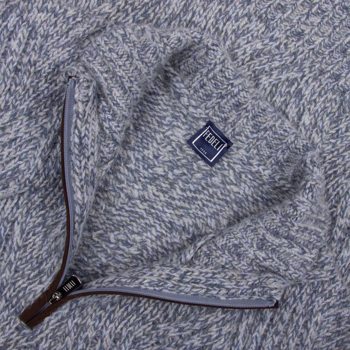 Fedeli - Blue Melange 'Ande' Cable Knit Alpaca Wool Zip Neck Sweater
