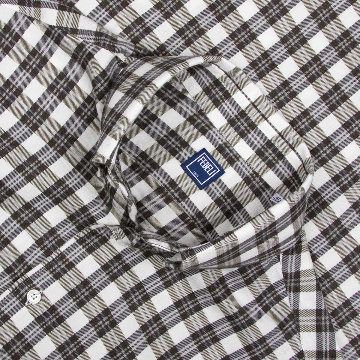 Fedeli - White and Green Check 'Alberto' Cotton &amp; Lyocell Flanel Shirt