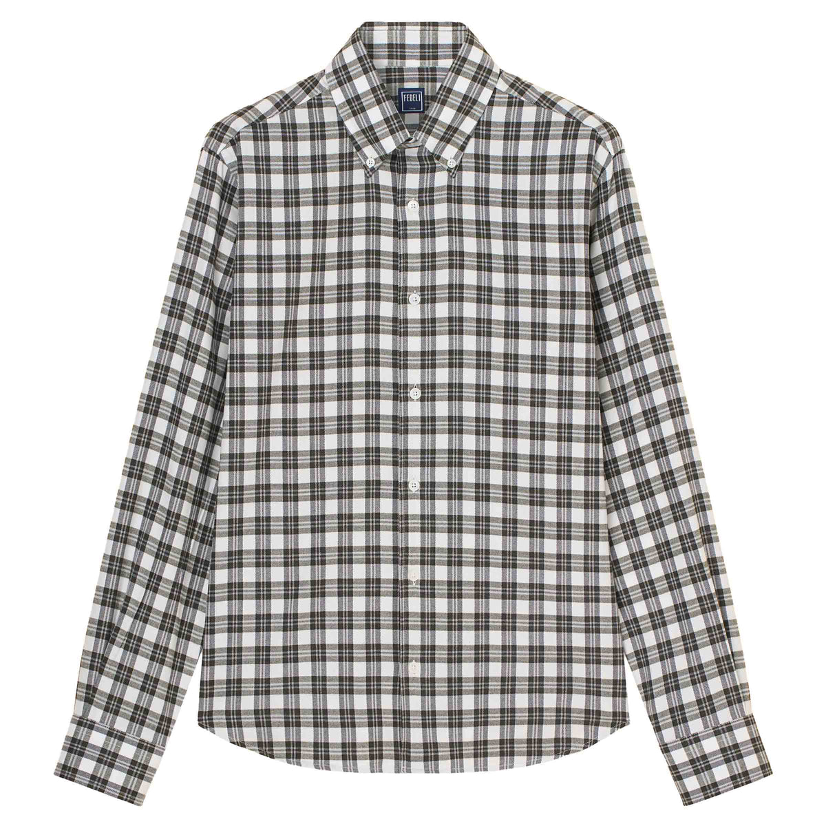 Fedeli - White and Green Check 'Alberto' Cotton &amp; Lyocell Flanel Shirt