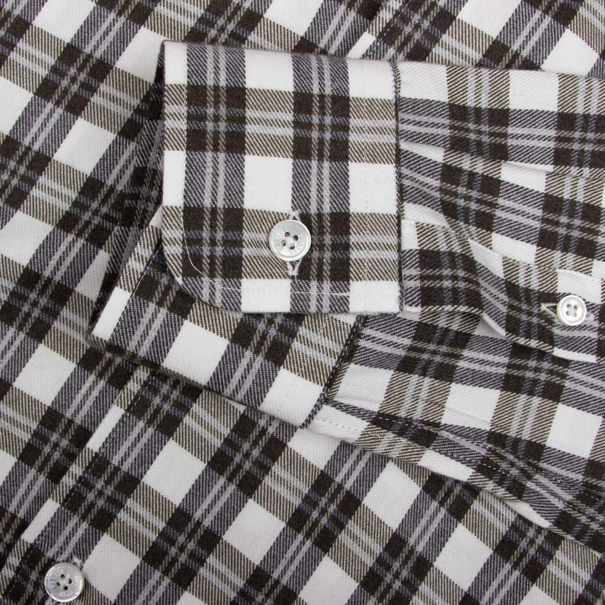 Fedeli - White and Green Check 'Alberto' Cotton &amp; Lyocell Flanel Shirt