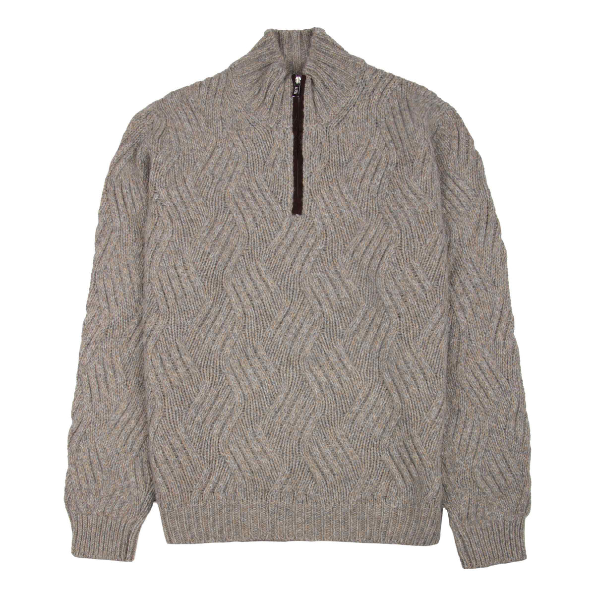 Fedeli - Flannel Melange 'Ande' Cable Knit Alpaca Wool Half Zip Sweater