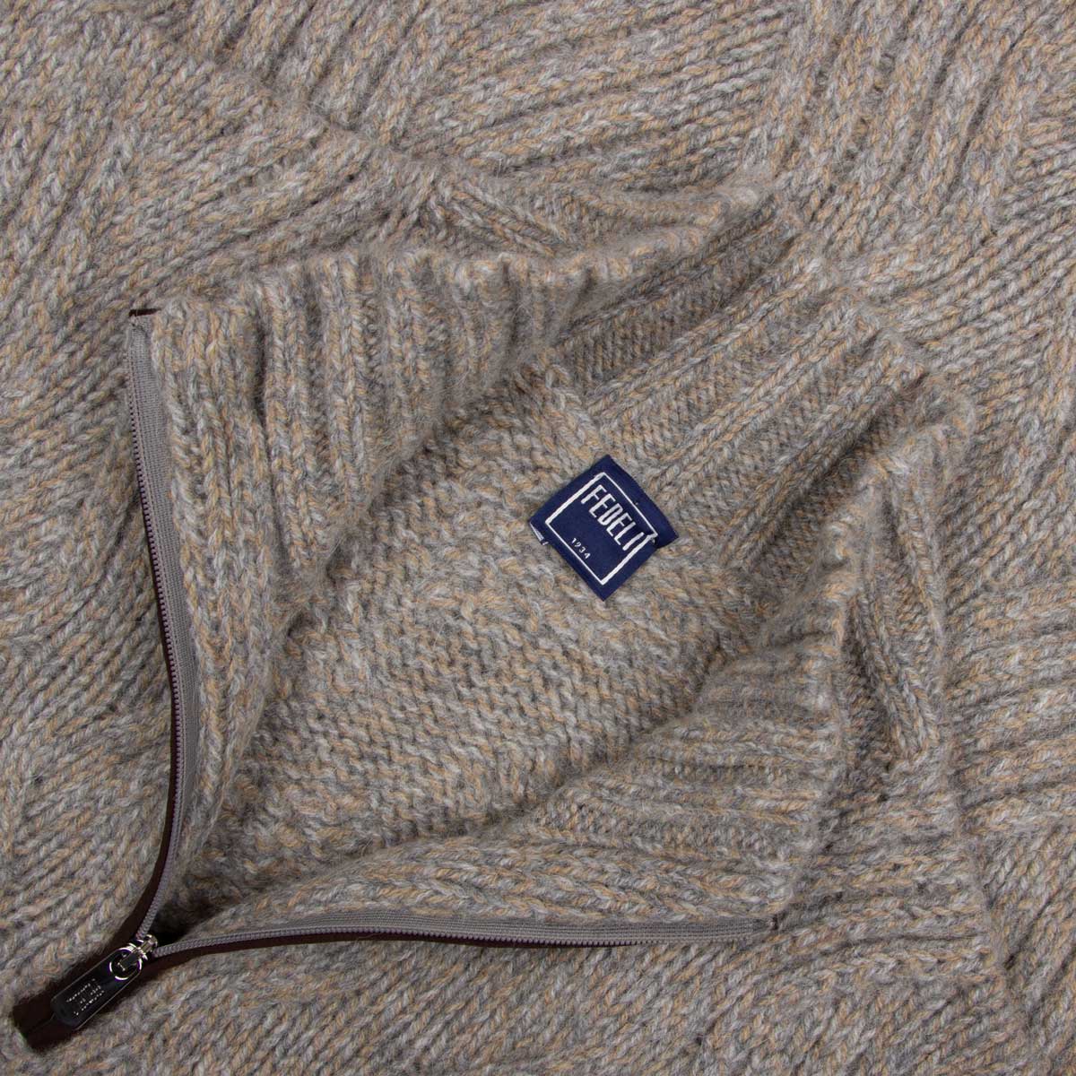 Fedeli - Flannel Melange 'Ande' Cable Knit Alpaca Wool Half Zip Sweater