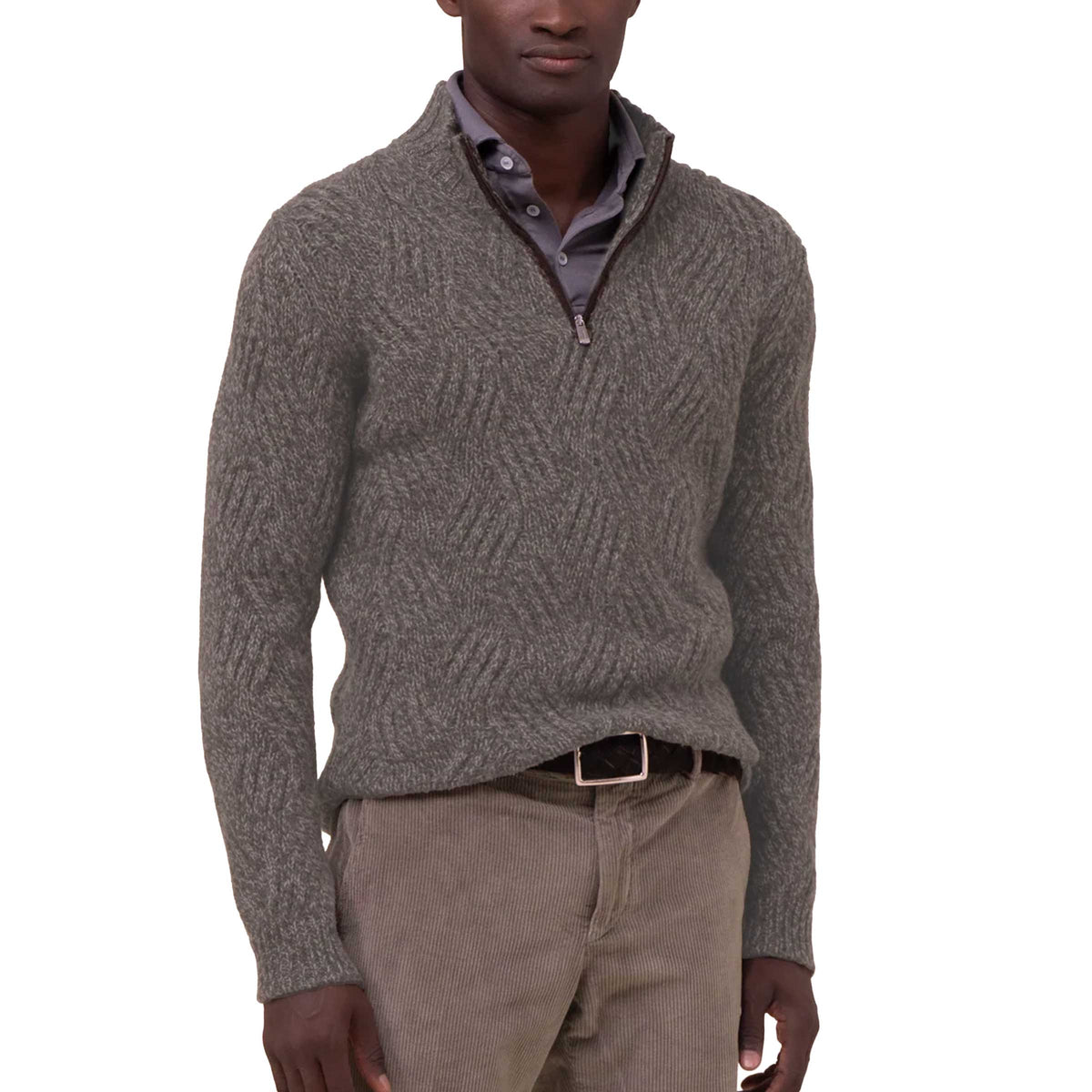 Fedeli - Flannel Melange 'Ande' Cable Knit Alpaca Wool Half Zip Sweater