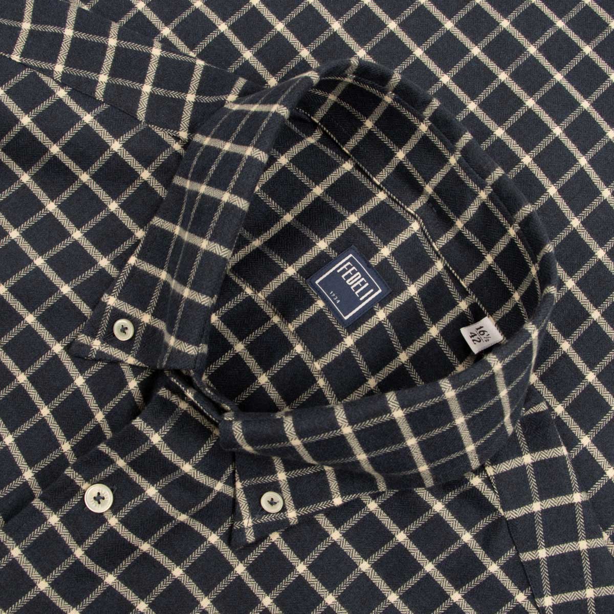 Fedeli - Navy Check &#39;Alberto&#39; Slim Fit Brushed Cotton Long Sleeve Shirt
