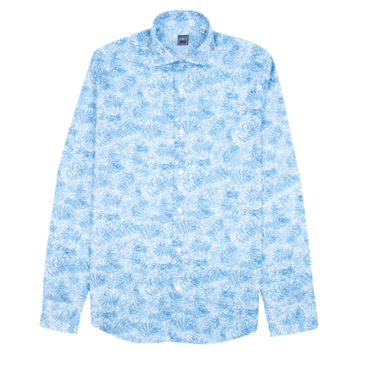 Fedeli - Light Blue Palm Print Sean Panamino Cotton Long Sleeve Shirt L/S SHIRTS FEDELI