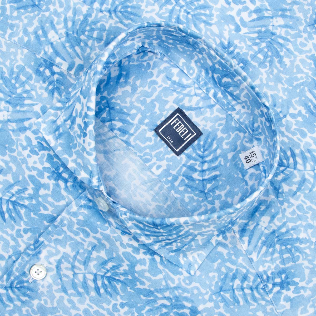 Fedeli - Light Blue Palm Print Sean Panamino Cotton Long Sleeve Shirt L/S SHIRTS FEDELI