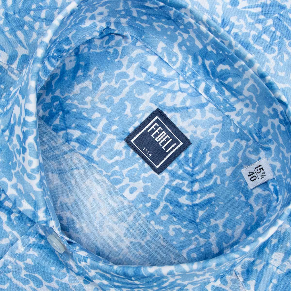 Fedeli - Light Blue Palm Print Sean Panamino Cotton Long Sleeve Shirt L/S SHIRTS FEDELI