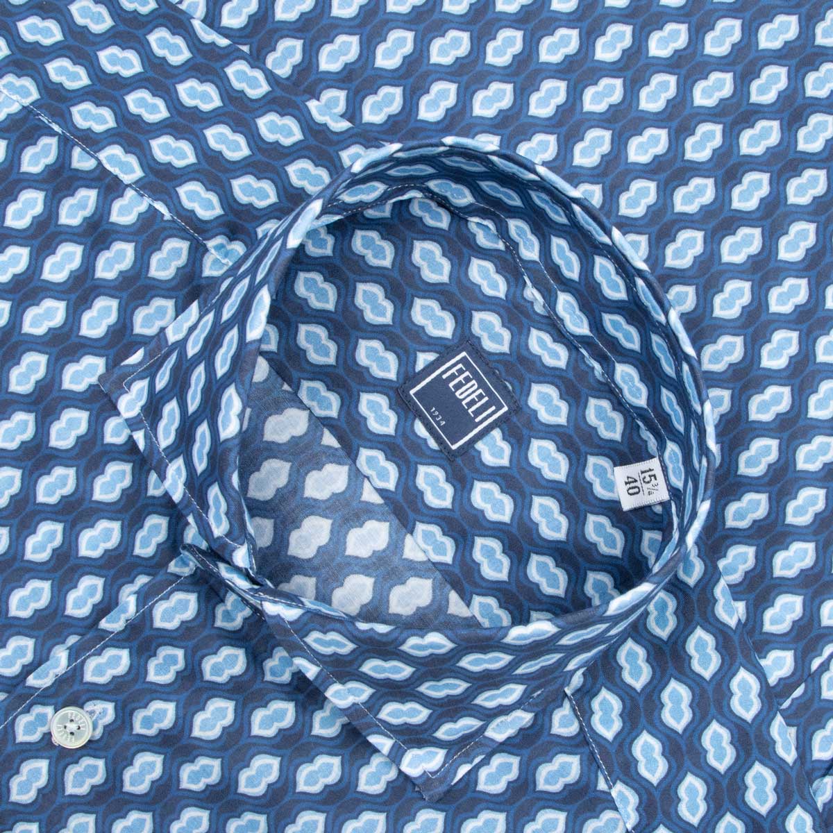 Fedeli - Navy Geometric Print Sean Panamino Cotton Long Sleeve Shirt L/S SHIRTS FEDELI