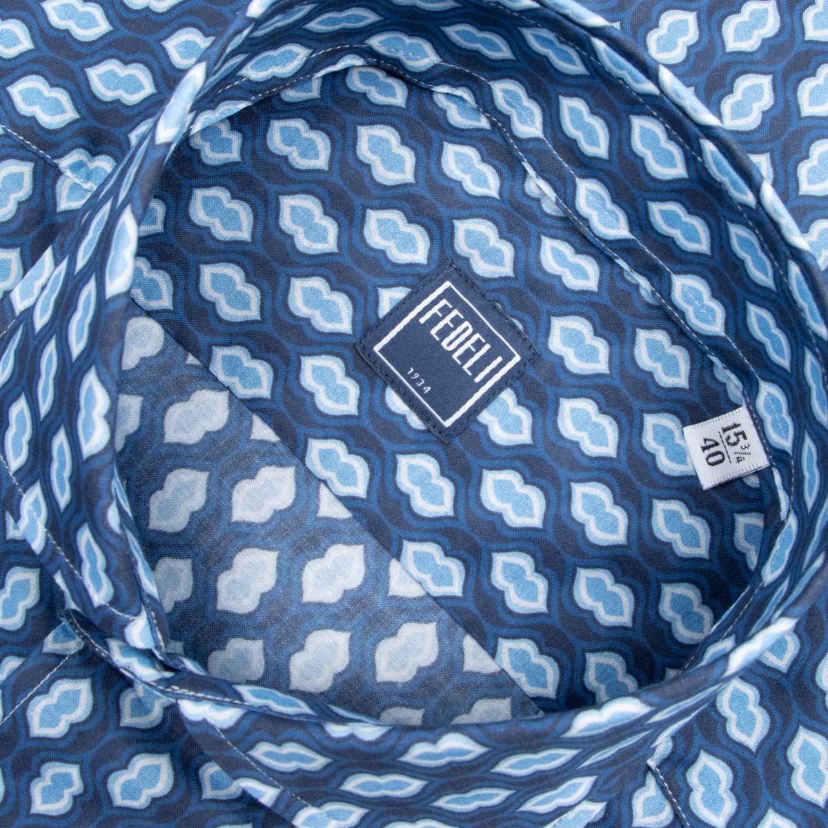 Fedeli - Navy Geometric Print Sean Panamino Cotton Long Sleeve Shirt L/S SHIRTS FEDELI