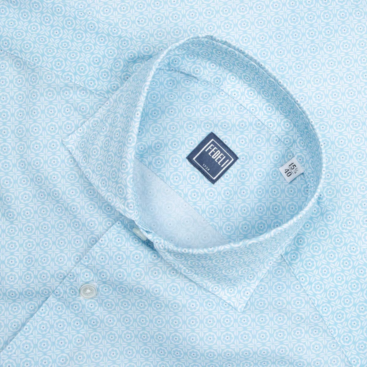 Fedeli - Light Blue Geometric Print Sean Panamino Cotton Long Sleeve Shirt L/S SHIRTS FEDELI