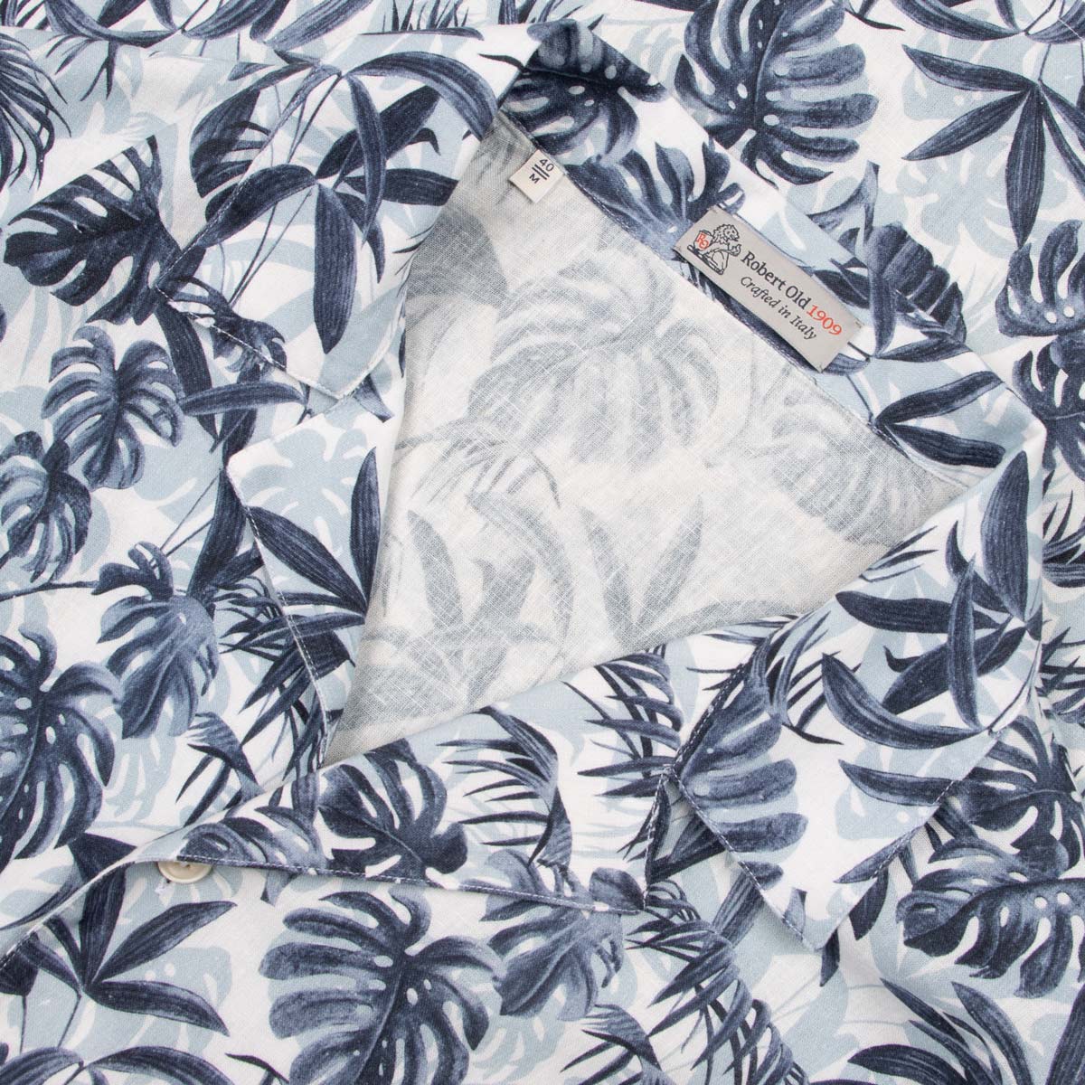 Navy Palm Print Linen-Mix Resort Shirt S/S SHIRTS Robert Old