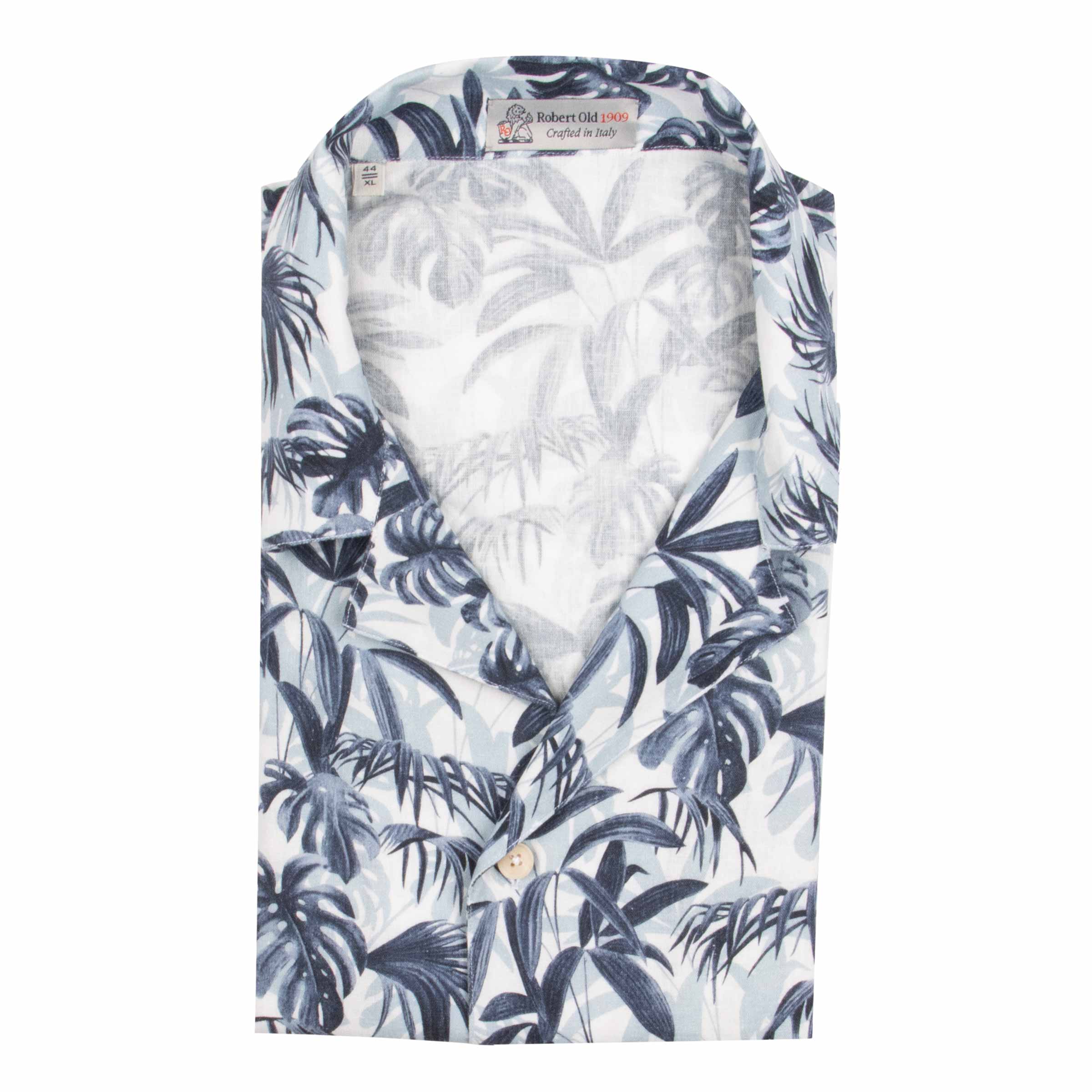 Navy Palm Print Linen-Mix Resort Shirt S/S SHIRTS Robert Old