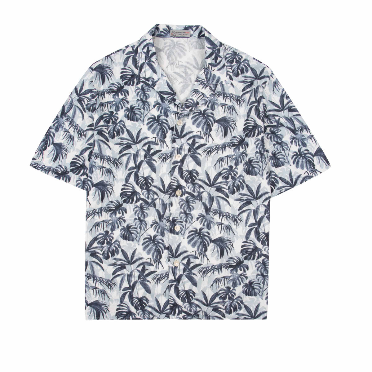 Navy Palm Print Linen-Mix Resort Shirt S/S SHIRTS Robert Old
