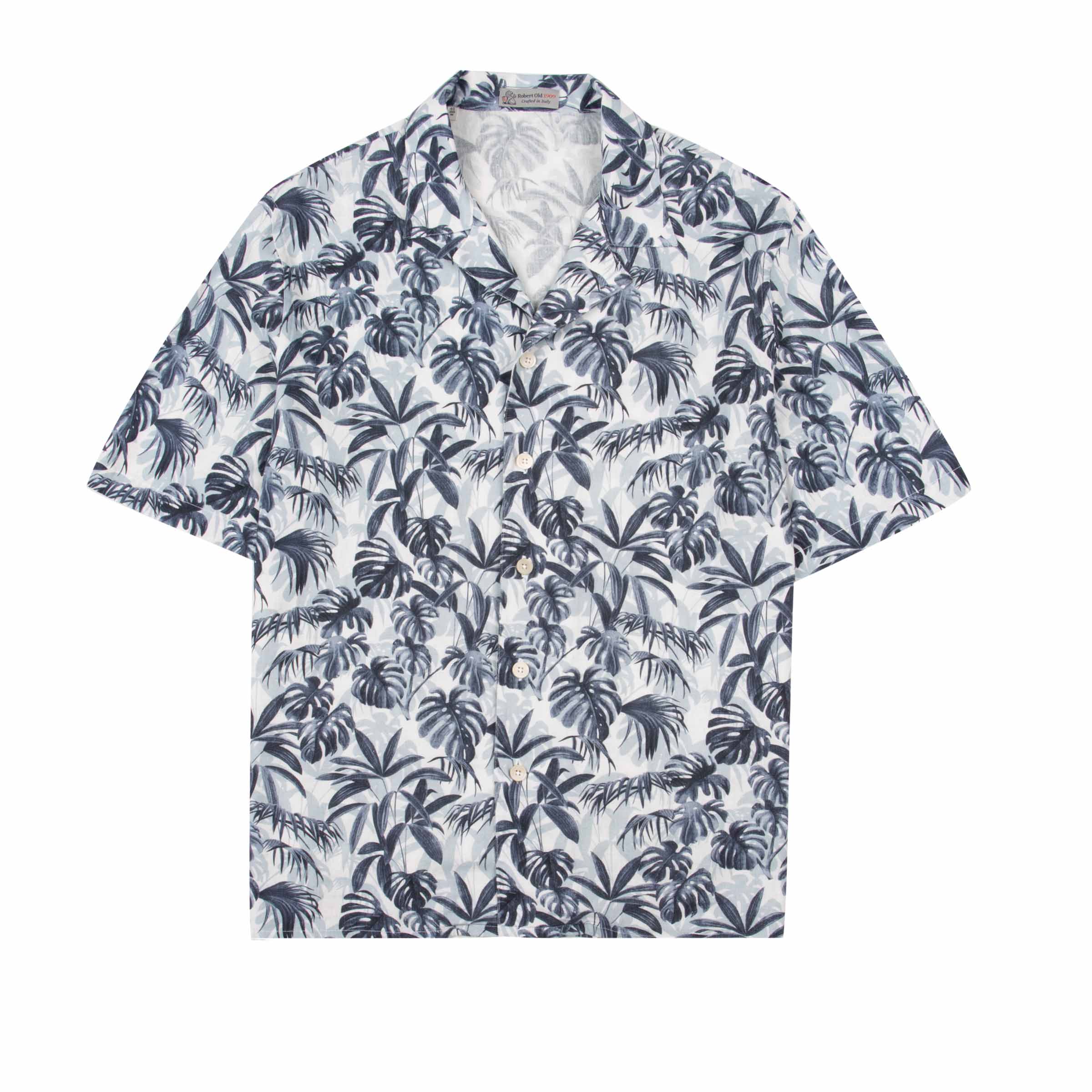 Navy Palm Print Linen-Mix Resort Shirt S/S SHIRTS Robert Old