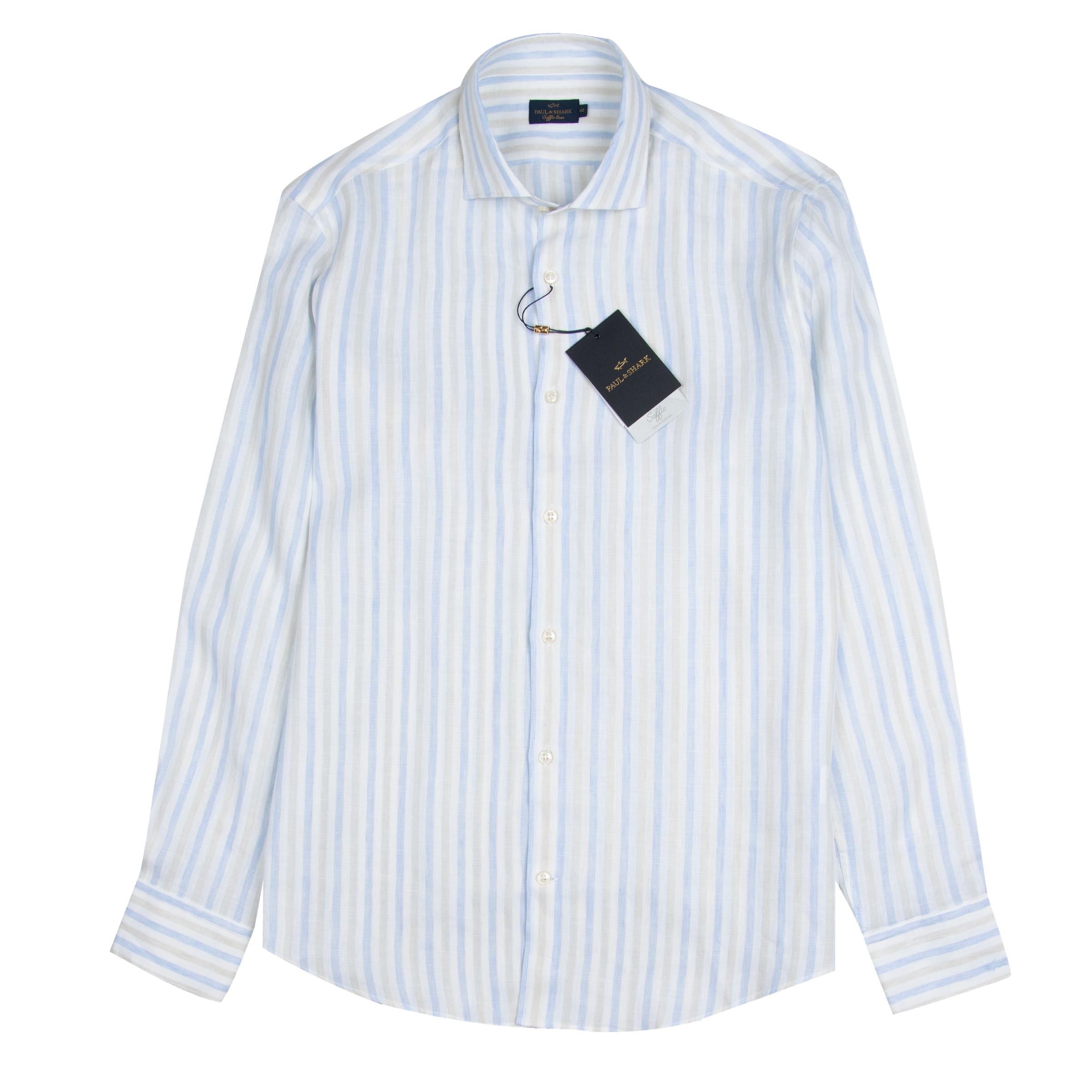 Paul & Shark - Beige and White Striped Soffio Linen Long Sleeve Shirt L/S SHIRTS Paul & Shark