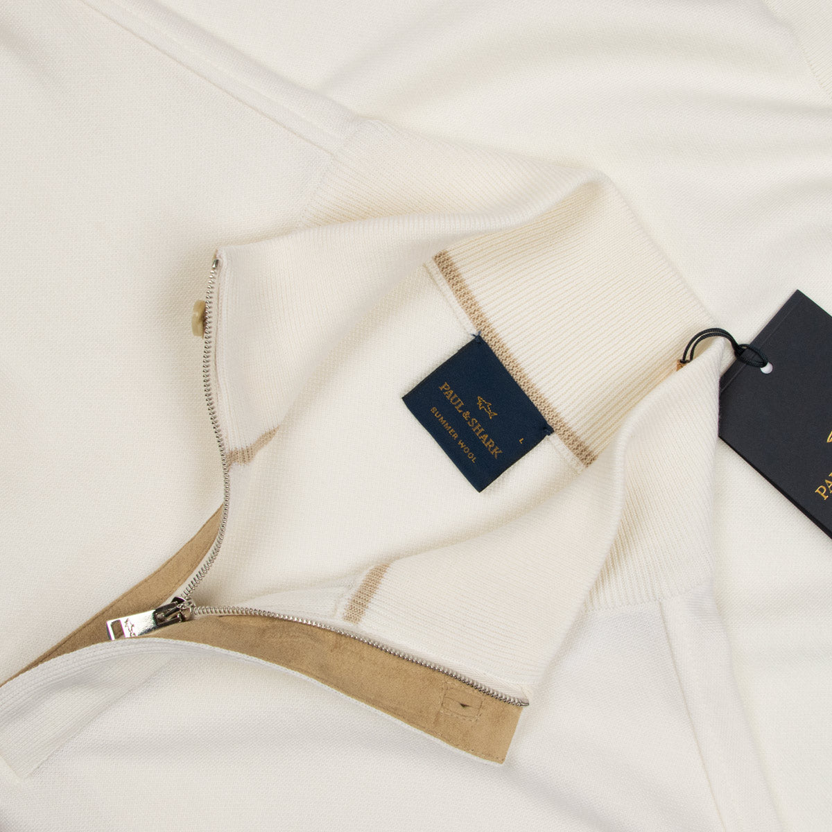 Paul &amp; Shark - Cream Summer Wool Zip Neck Sweater KNITWEAR Paul &amp; Shark