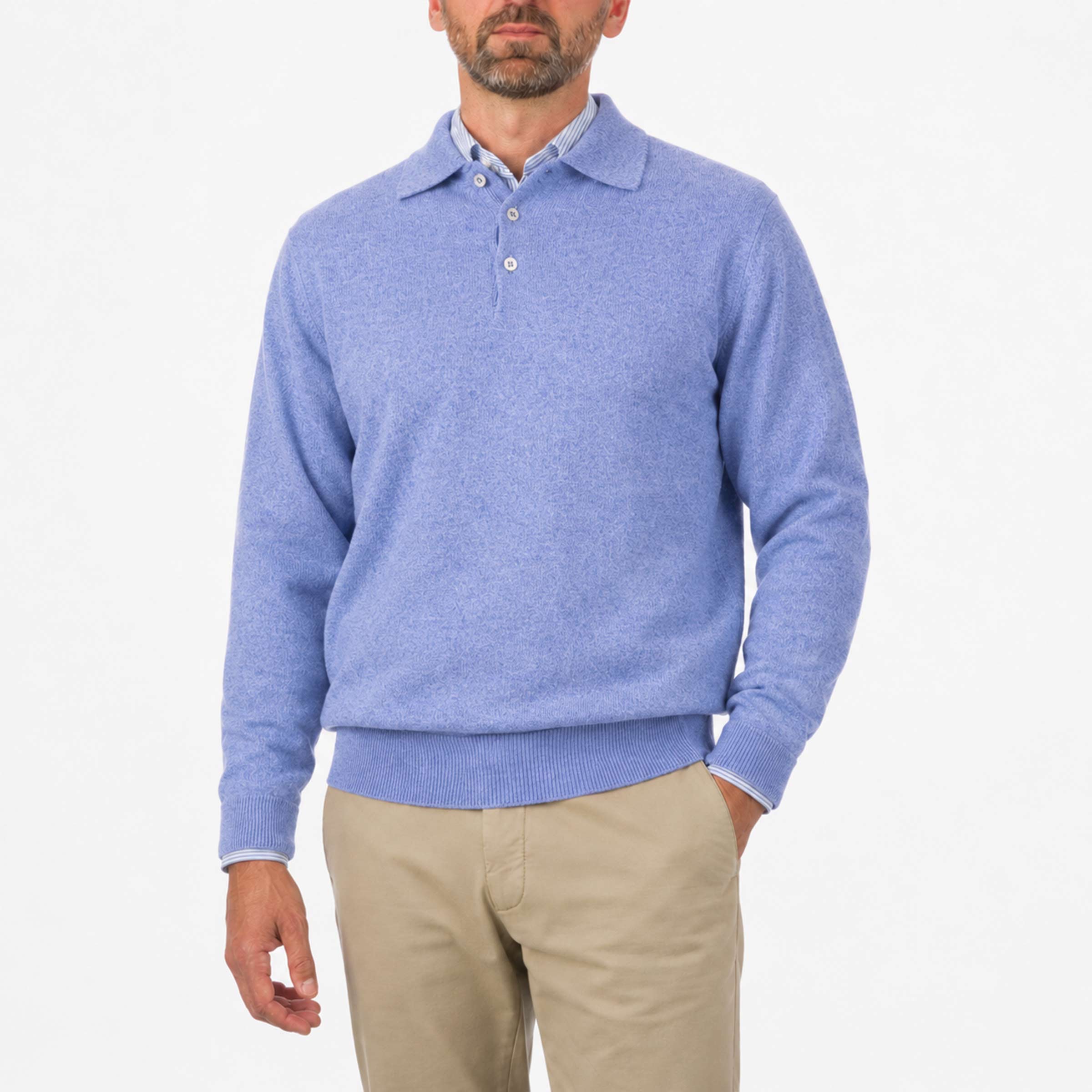 Robert Old - Blue Melange Balvenie 3 Button 4ply Cashmere Polo Sweater CASHMERE Robert Old