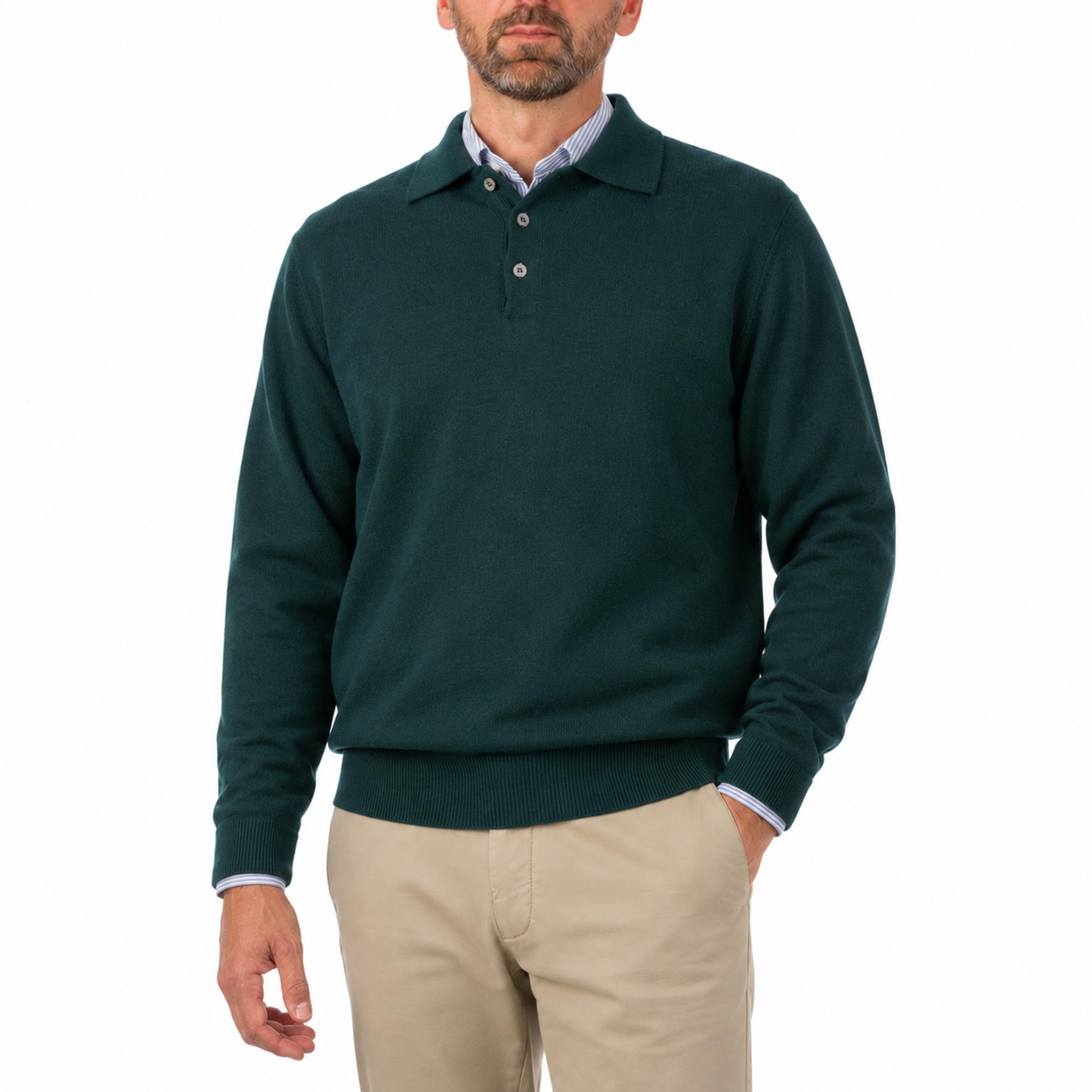 Robert Old - Bottle Green Balvenie 3 Button 4ply Cashmere Polo Sweater CASHMERE Robert Old